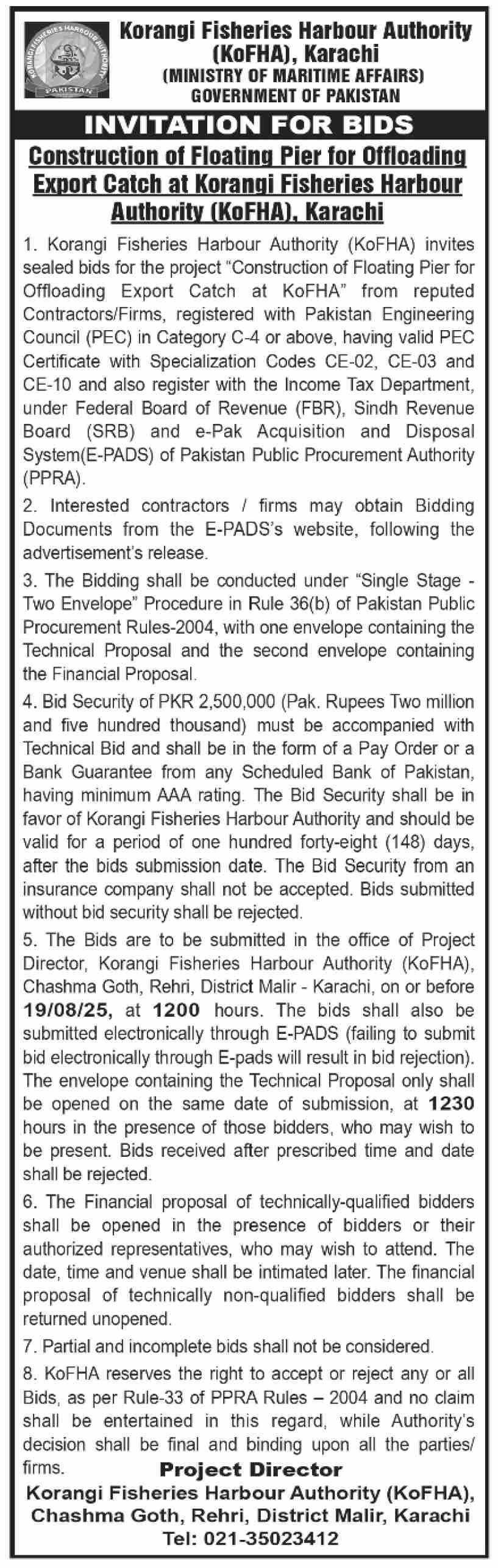 Korangi Fisheries Harbour Authority Karachi Tender Notice